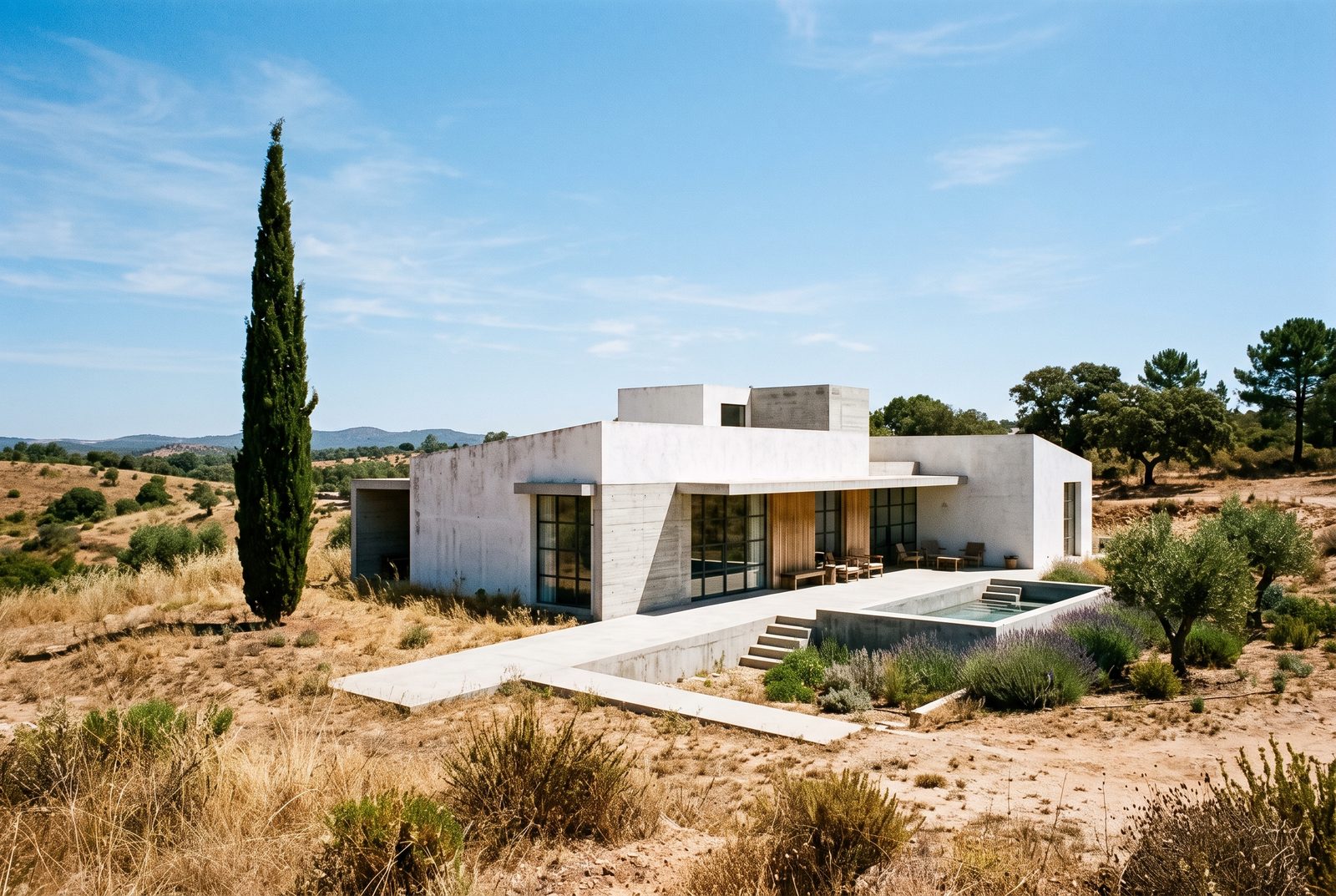 Casa de betão em paisagem seca