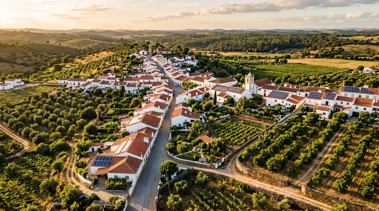 Vista aérea de uma aldeia com painéis solares