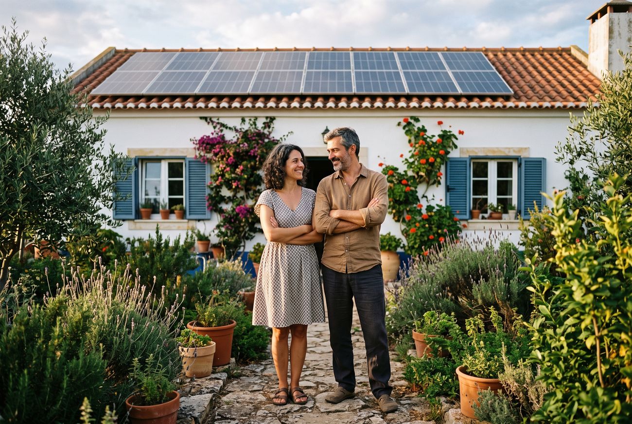 Casal em frente à sua casa com painéis solares