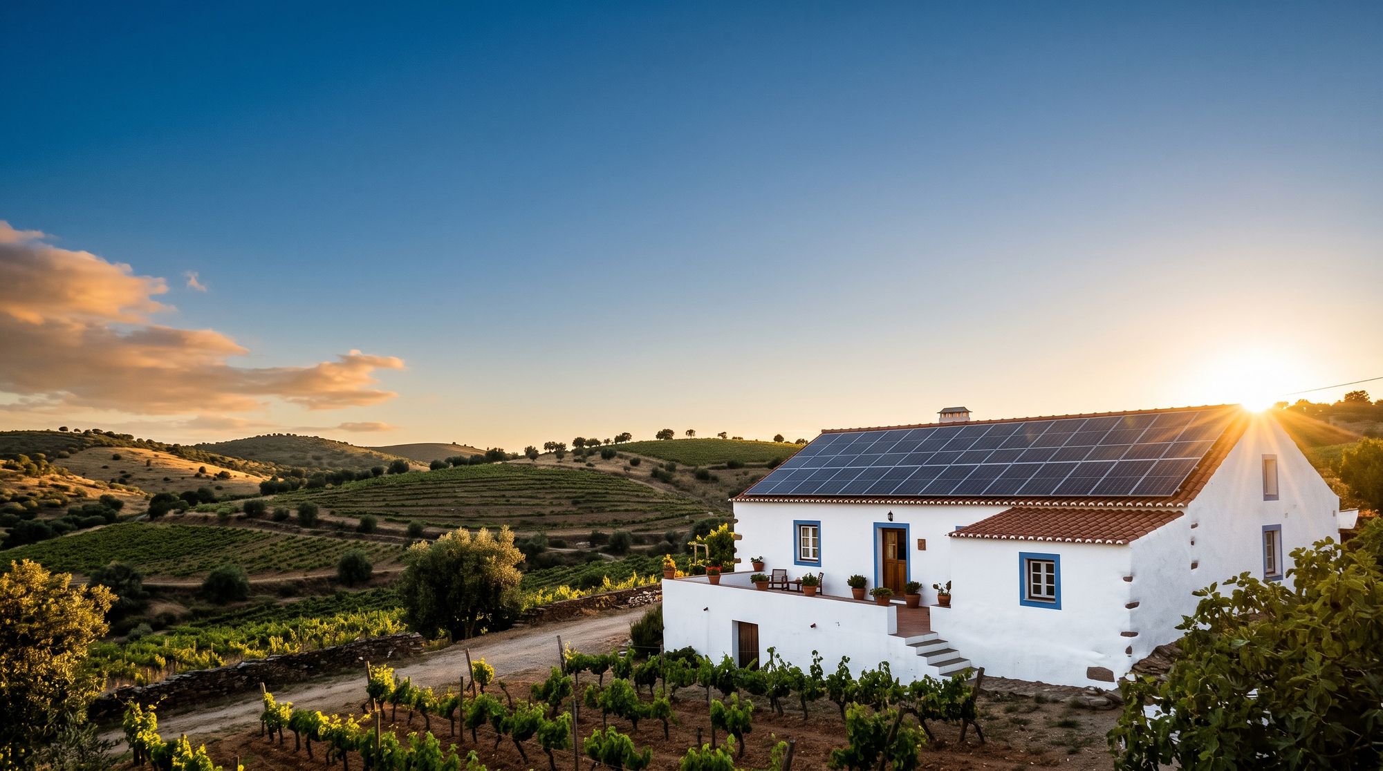 Moradia com painéis solares ao pôr do sol