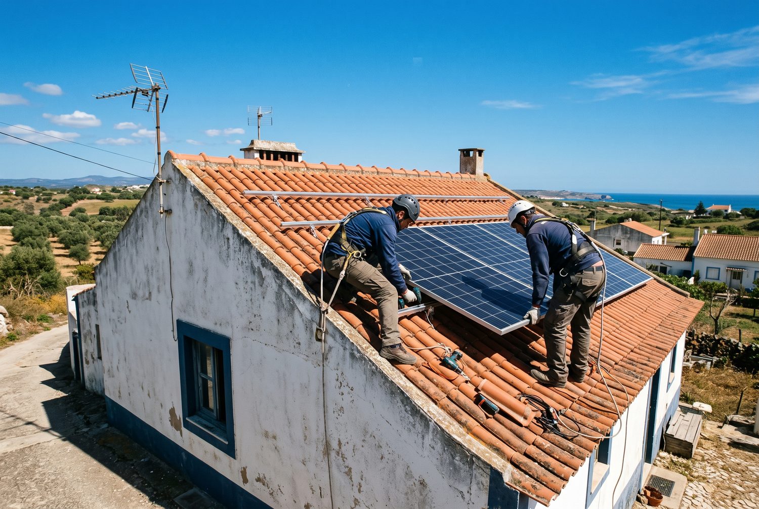 Técnicos a trabalhar num telhado de telha