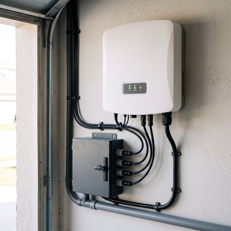 Inversor solar instalado na parede da garagem