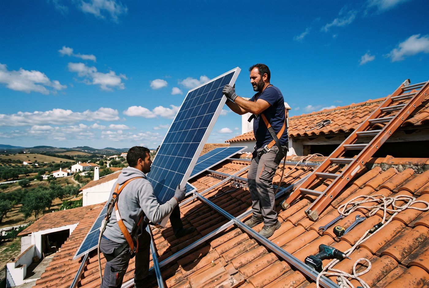 Instaladores a colocar um painel no telhado